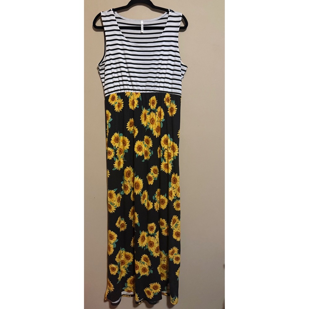 Now N Forever Cottagecore Sunflower Striped Maxi Summer Dress Black Yellow L